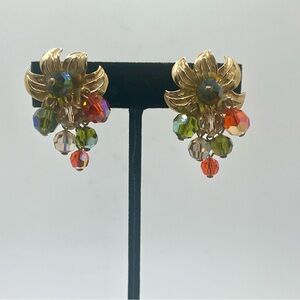 Vintage Mid Century Floral Clip On Earrings AB Crystal Dangles
